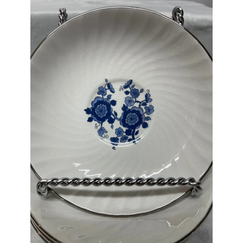 Enoch Wedgwood Royal Blue Ironstone Saucers‎ Set of 5 Floral Swirl White Blue